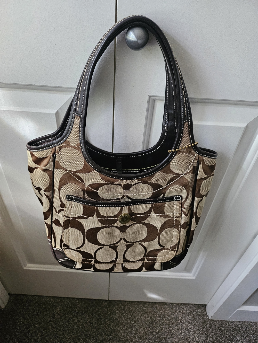 Coach Signature Shoulder Tote in Brown and Cream